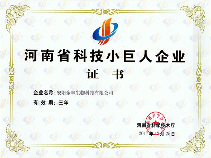 2017年度榮獲“河南省科技小巨人企業”